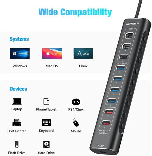 NÖRDIC 10-Port Powered USB Hub – USB 3.2 Gen 2, 20W PD & Individual Switches – view 5