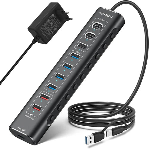 NÖRDIC 10-Port Powered USB Hub – USB 3.2 Gen 2, 20W PD & Individual Switches – view 2