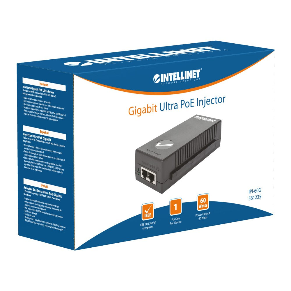 Intellinet 561235 PoE+ Injector — side view with RJ45 ports