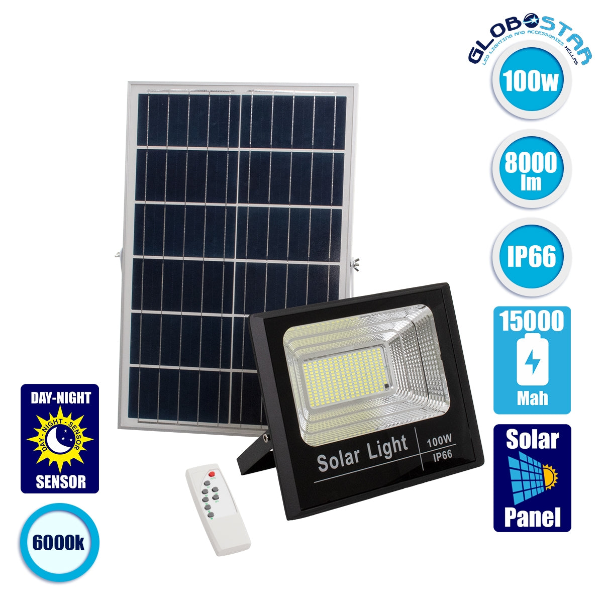 GloboStar 71557 Solar LED Floodlight 100W 6000K – IP66, 8000 lm & RF 2.4GHz Remote – view 2