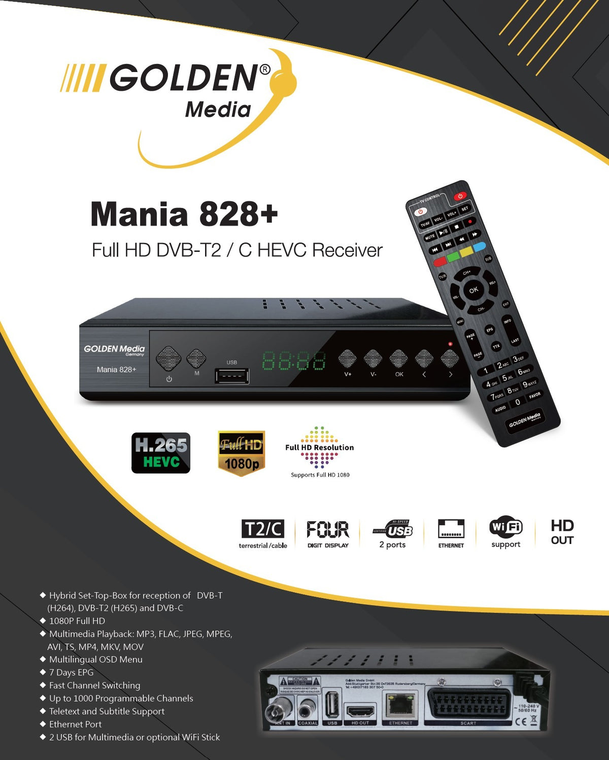 Golden Media Mania 828+ Full HD DVB-T2/C HEVC Receiver — Golden Media