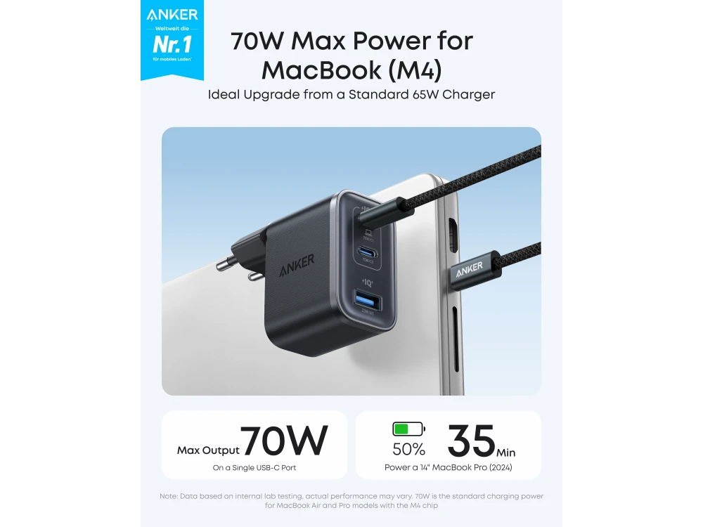 Anker Nano 70W 3-Port USB-C / USB-A GaN Wall Charger – Black – view 2