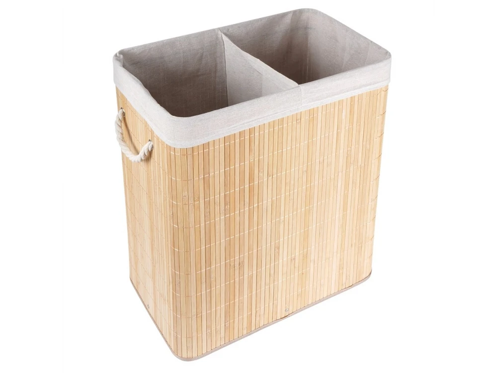 Vilde Bamboo Laundry Basket 90L 50×30.5×60.5cm – 2-Compartment with Lid, Beige – view 2