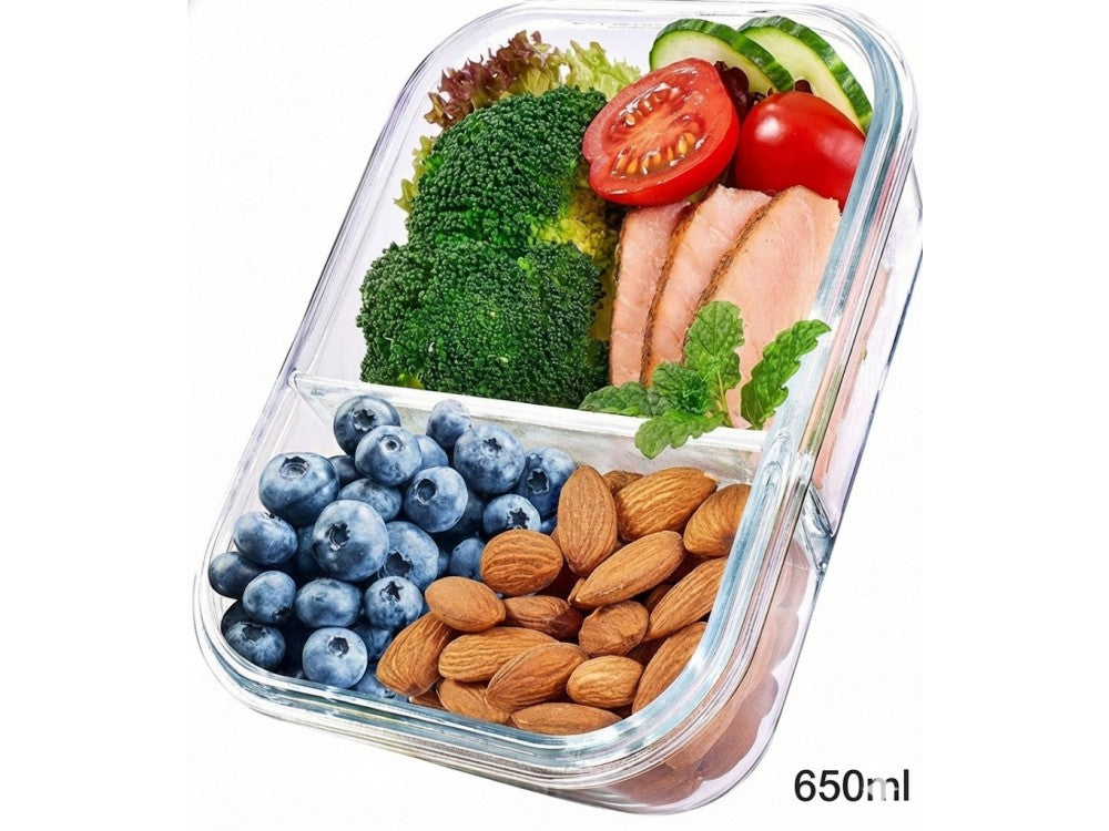AJ Glass Food Container 2-Compartment 650ml – Airtight, Light Blue Lid – view 2