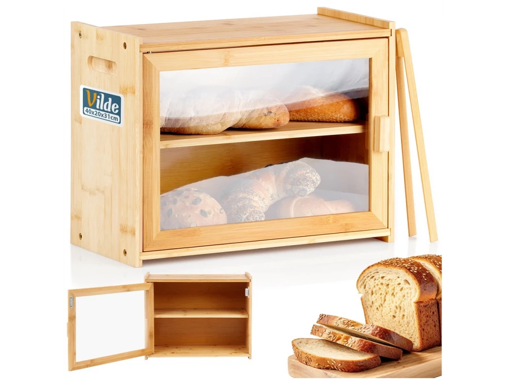 Vilde Bamboo Bread Bin 2-Tier 40×20×31cm with Clear Window and Bamboo Tongs – view 2