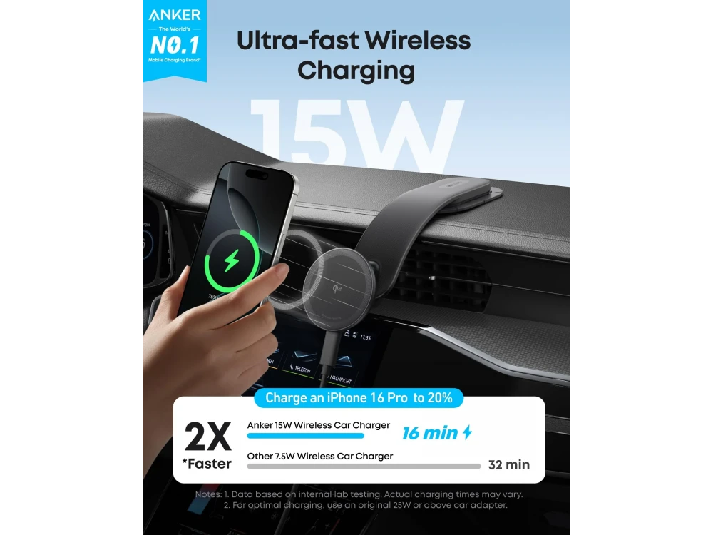 Anker Nano Wireless Car Charger 15W MagGo – Qi2, Magnetic, 180° Memory Alloy Arm – view 2