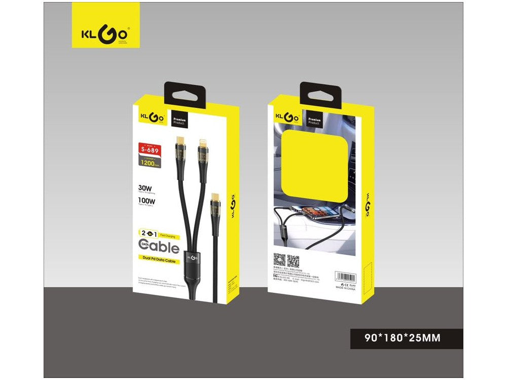 KLGO S-689 Dual Cable Type-C to Type-C 100W & Lightning 30W, 1.2m, Black – view 2