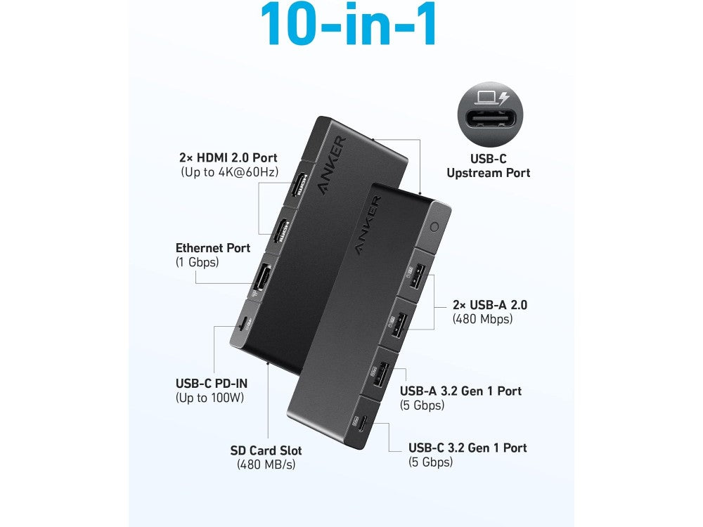 Anker 364 USB-C Hub 10-in-1 with Dual 4K HDMI, Ethernet, 100W PD, Black – view 2