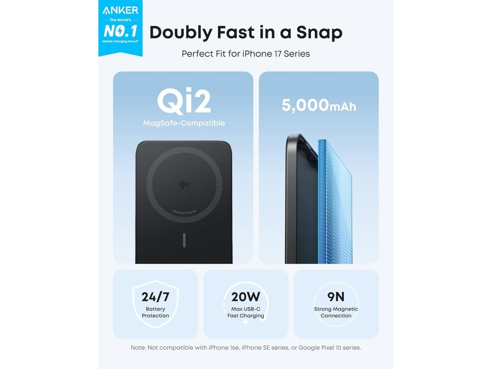 Anker Nano MagSafe Qi2 Magnetic Power Bank 5000mAh – 15W Max, Ultra Slim 8mm, Black – view 2