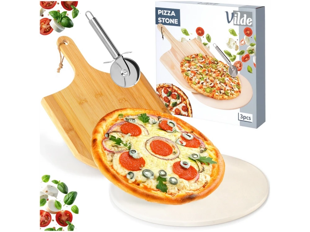 Vilde Premium Pizza Stone Set 33cm – Ceramic Stone, Acacia Serving Board, Pizza Cutter – view 2