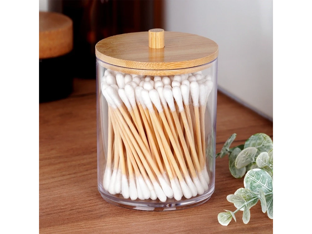 Vilde Cotton Swab & Cotton Pad Holder with Bamboo Lid – Clear Acrylic Bathroom Organizer – view 2