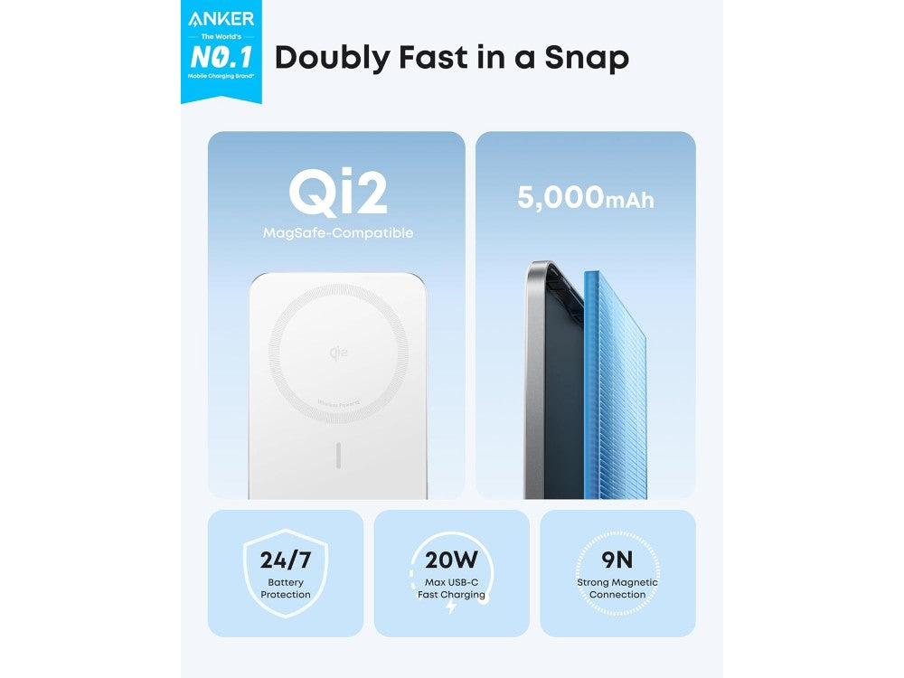Anker Nano MagSafe Qi2 Magnetic Power Bank 5000mAh – 15W Max, Ultra Slim 8.6mm, White – view 2