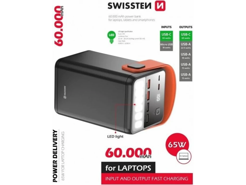 Swissten Power Line 60000 Power Bank 60000mAh 65W PD + QC3.0 + SCP – LCD Display, LED Flashlight – view 2