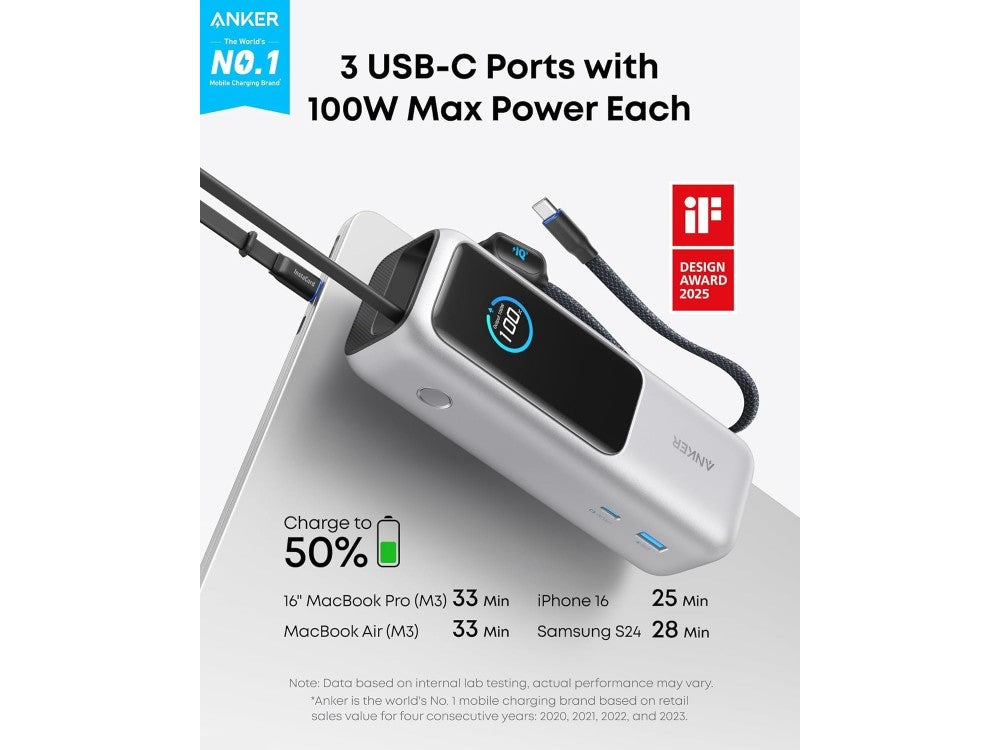 Anker Laptop Power Bank 25000mAh 165W – 3× USB-C 100W, USB-A, Built-in Cables, LED Display, Silver – view 2
