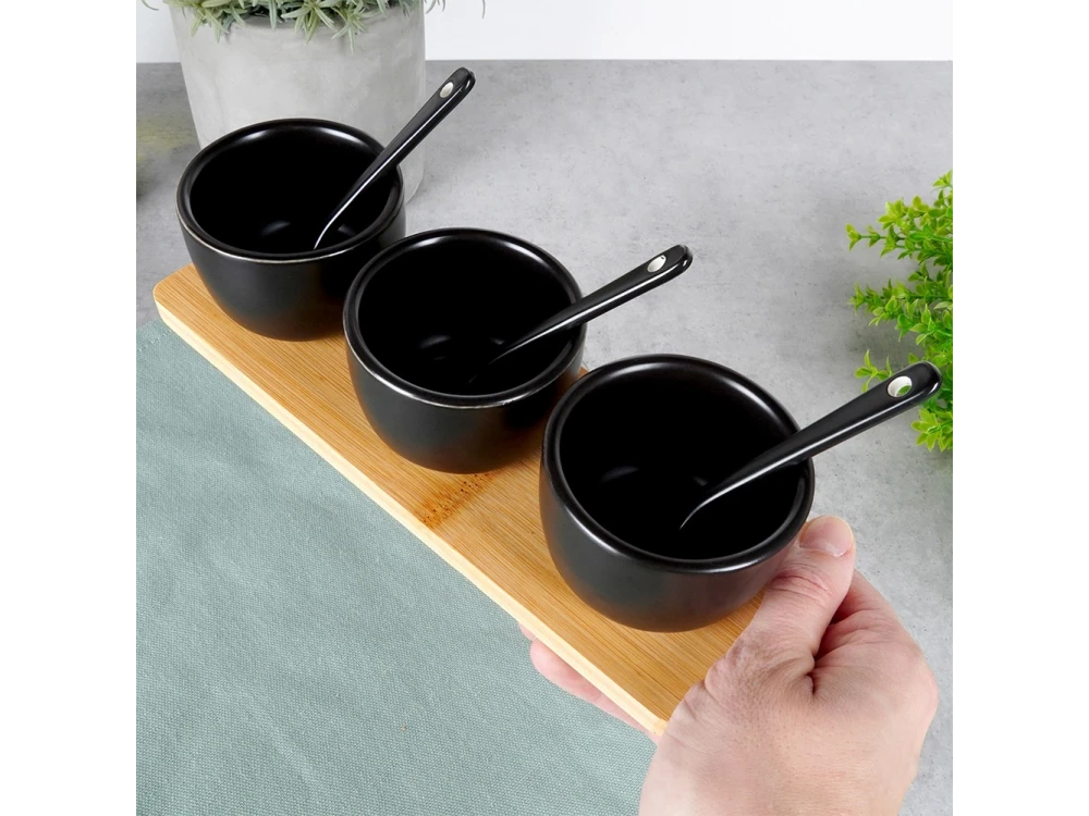 Vilde Ceramic Snack Bowls Set of 3 with Spoons & Bamboo Stand – Black – view 2