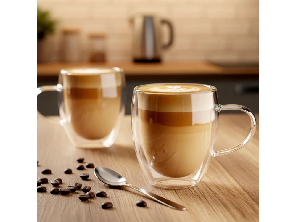 Vilde Premium Double-Walled Borosilicate Glass Cappuccino / Latte Macchiato Cups Set of 2 × 320ml with Handle – view 2