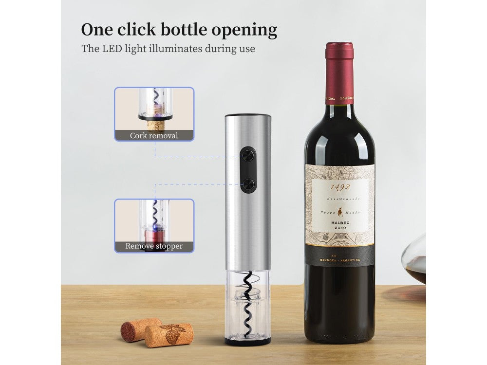 AJ Electric Wine Opener – Automatic Corkscrew, LED, Foil Cutter, Silver – view 2