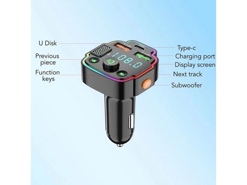 AJ FM Transmitter Bluetooth Handsfree Car Charger PD 20W – LED Display, RGB, 2 USB – view 2