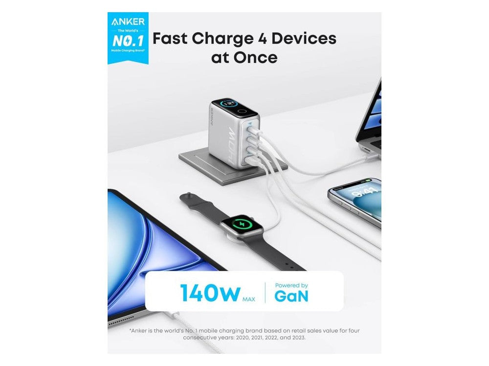 Anker 140W GaN 4-Port Wall Charger PD 3.1 – Color Display, USB-C Cable Included, Silver – view 2