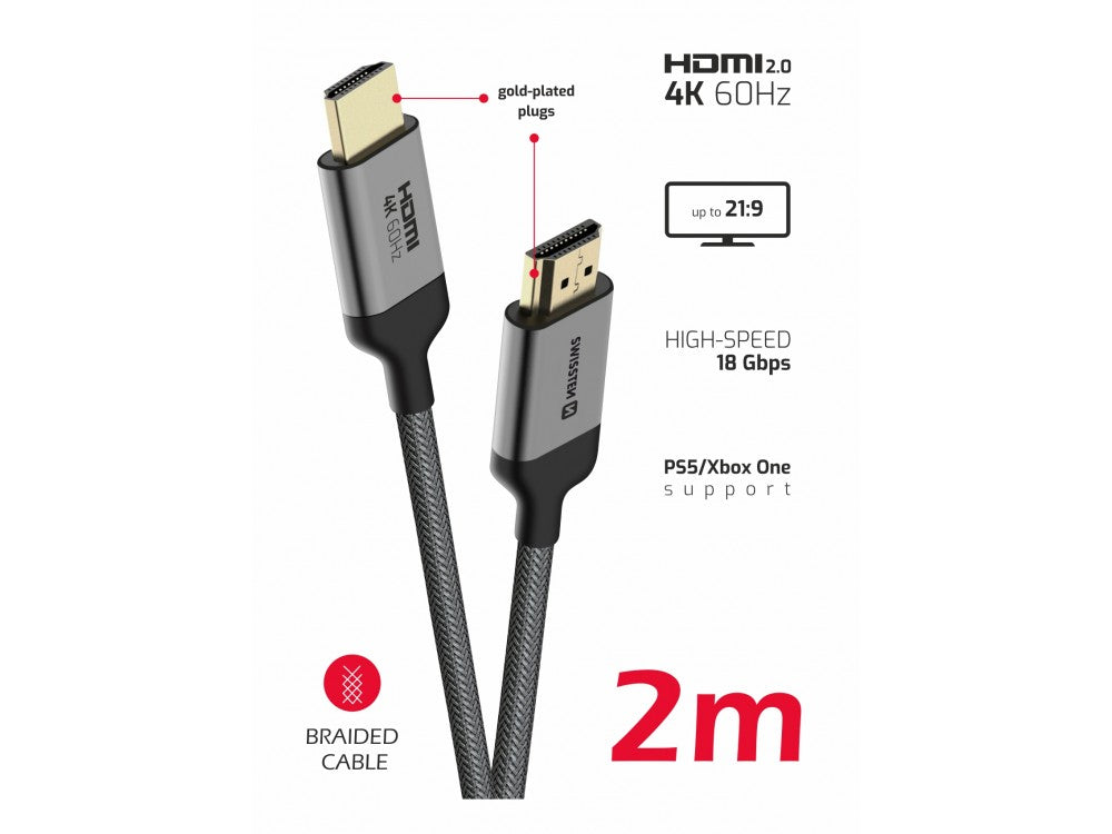 Swissten HDMI 2.0 Cable 2m – 4K@60Hz, HDR, 18Gbps, Gold Plated Nylon Braided – view 2