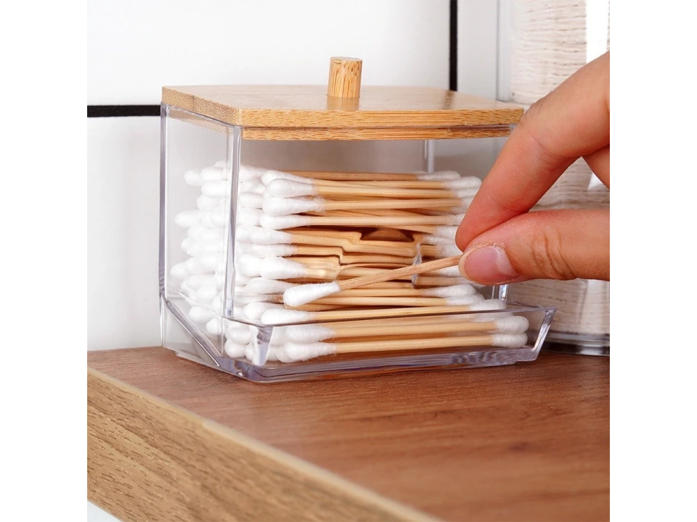 Vilde Cotton Swab Dispenser with Bamboo Lid – Compact 9×7×9 cm Acrylic Holder – view 2