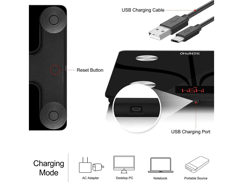 RENPHO Elis 1 Smart Scale – Body Fat / BMI, Bluetooth & WiFi, USB Rechargeable, Black – view 2