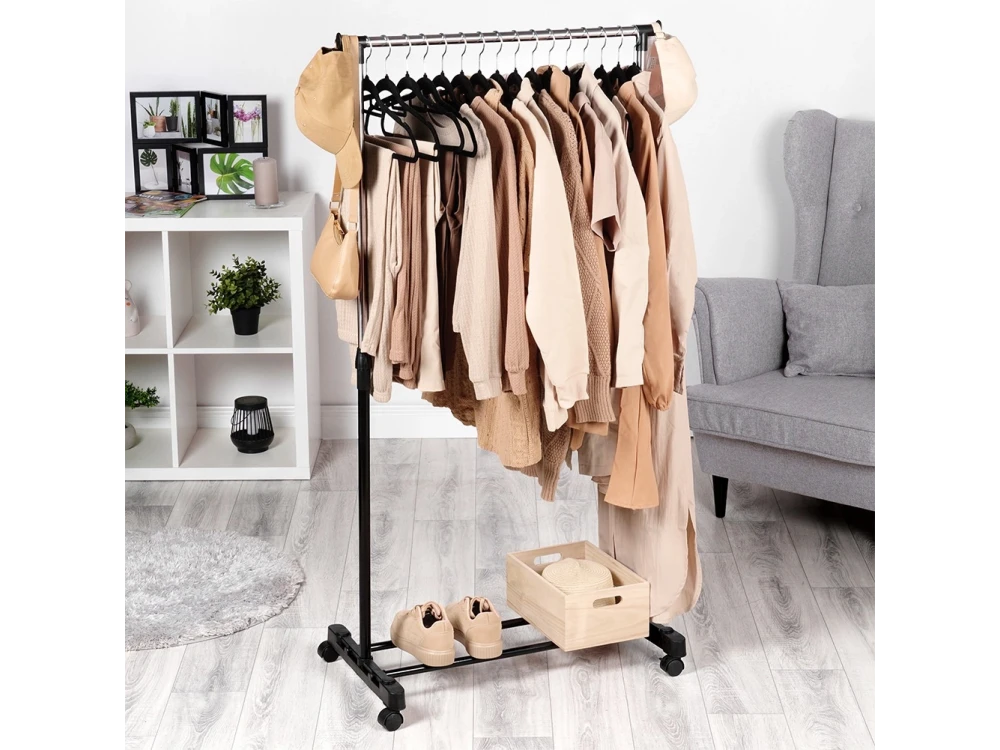 Vilde Metal Rolling Clothes Rack – Height-Adjustable, Bottom Shelf, 72x42x140cm, Black – view 2