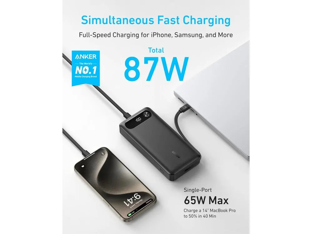 Anker 20K USB-C Power Bank 20000mAh 87W – USB-A, 2× USB-C, Built-in USB-C Cable, Black – view 2