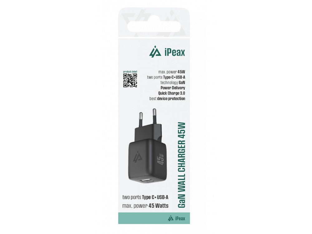 iPEAX GaN 2-Port USB-C Wall Charger 45W with PD, QC 3.0 & PPS – Black – view 2