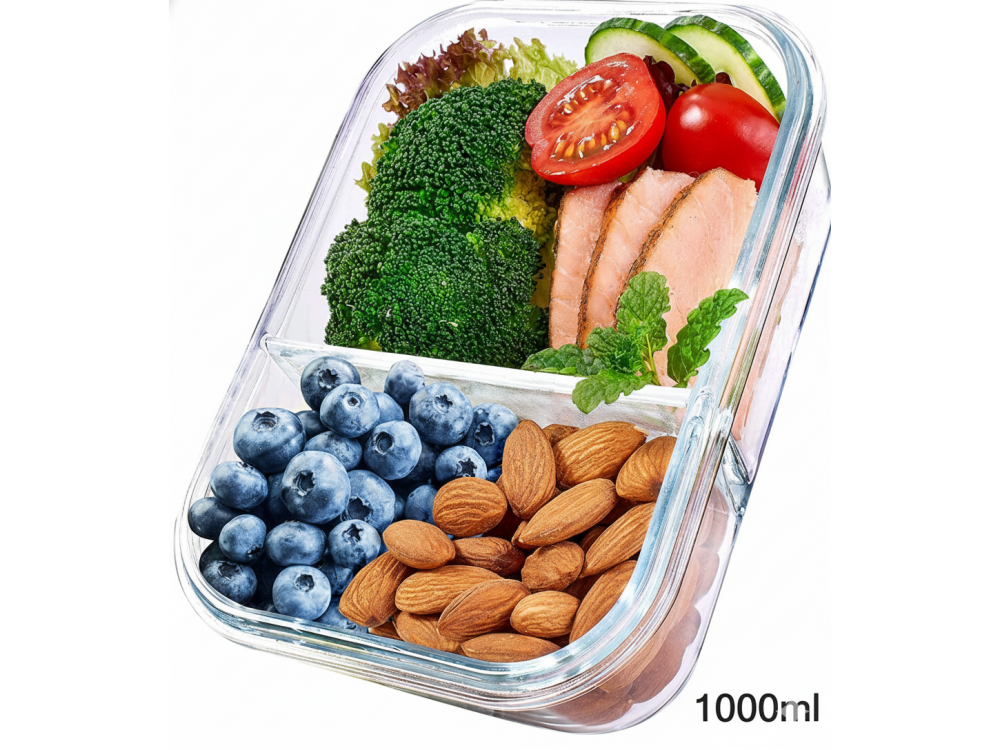 AJ Glass Meal Prep Container 2-Compartment 1000ml – Clear, Light Blue Lid – view 3