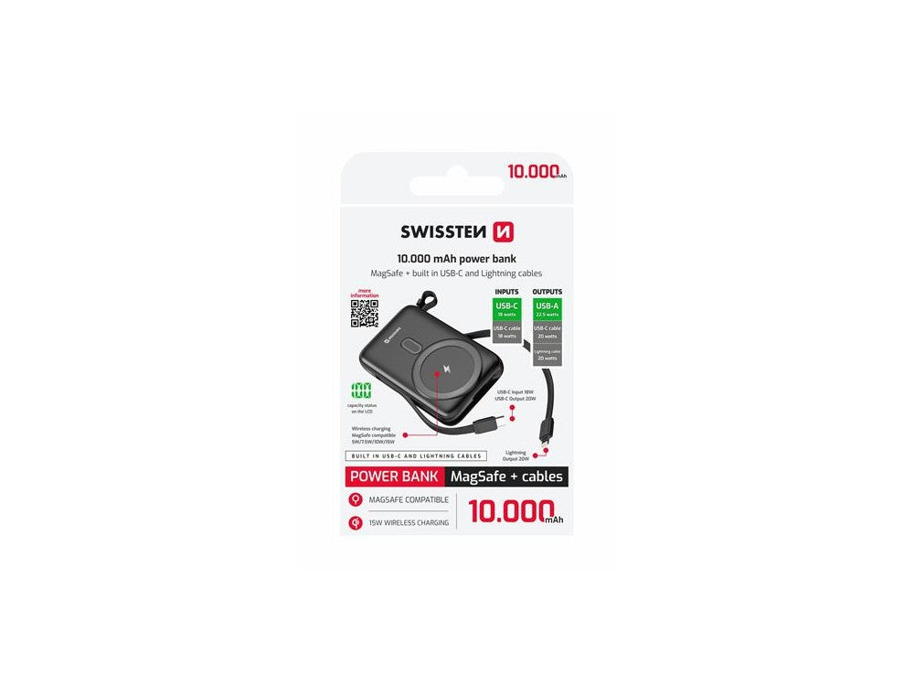 Swissten 10K MagSafe Magnetic Power Bank 10000mAh – Qi2 15W, Built-in USB-C & Lightning, Black – view 3