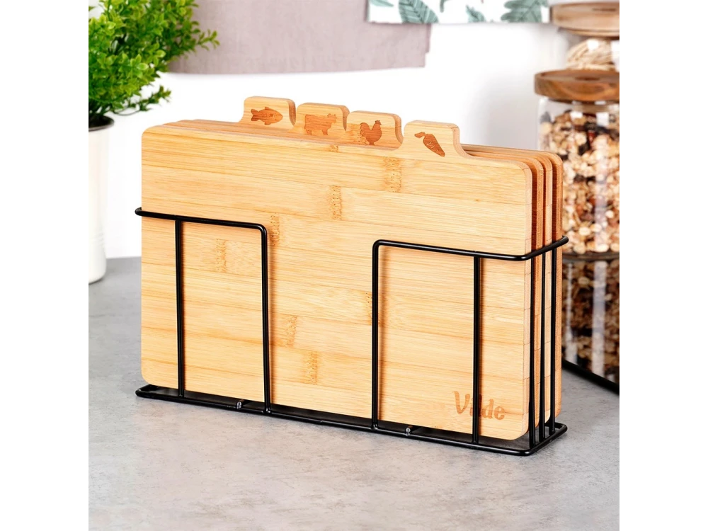 Vilde Premium Bamboo Chopping Boards Set of 4 with Stand – 28x20 cm, Food Icons – view 3