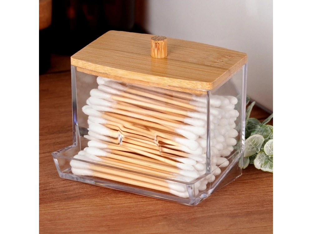 Vilde Cotton Swab Dispenser with Bamboo Lid – Compact 9×7×9 cm Acrylic Holder – view 3