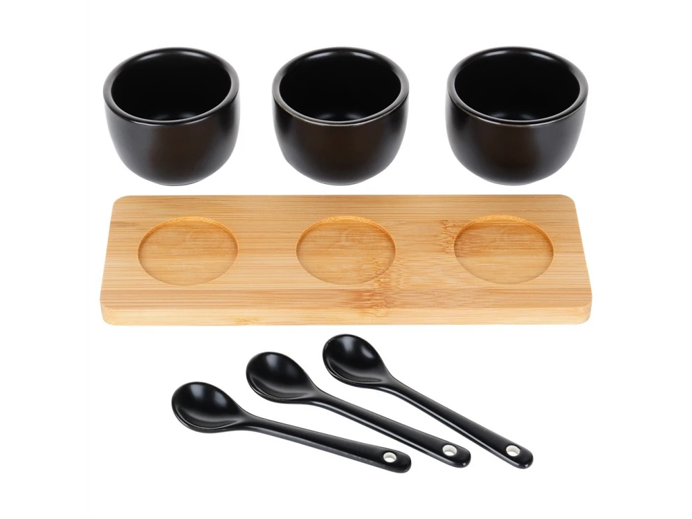 Vilde Ceramic Snack Bowls Set of 3 with Spoons & Bamboo Stand – Black – view 3