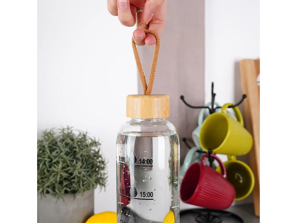 Vilde Glass Water Bottle 1L with Time Marker, Bamboo Lid & Airtight Seal – view 3