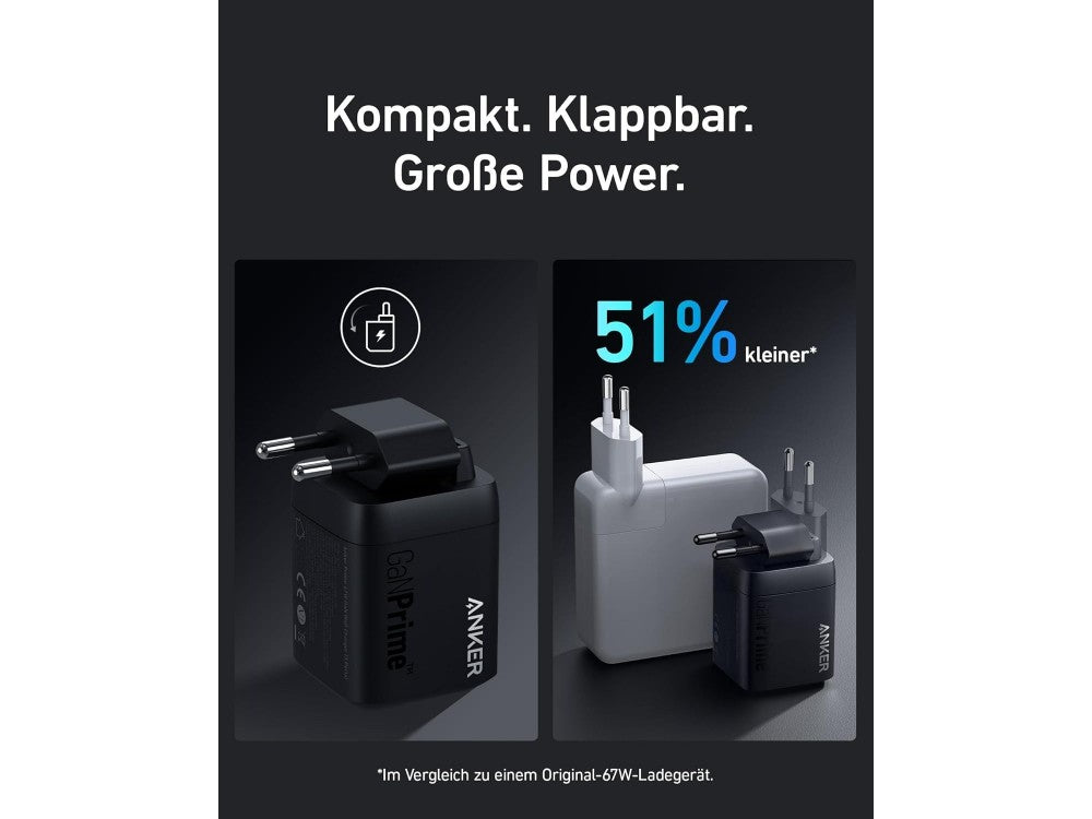 Anker Prime 67W GaN Wall Charger 3-Port (2× USB-C + USB-A) PD/PPS, Black – view 3