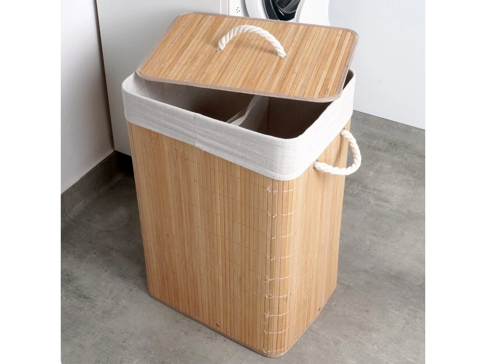 Vilde Bamboo Laundry Basket 70L 40×30×60cm – 2-Compartment with Lid, Beige – view 3