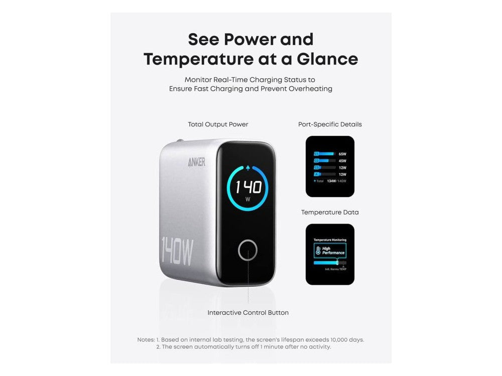 Anker 140W GaN 4-Port Wall Charger PD 3.1 – Color Display, USB-C Cable Included, Silver – view 3
