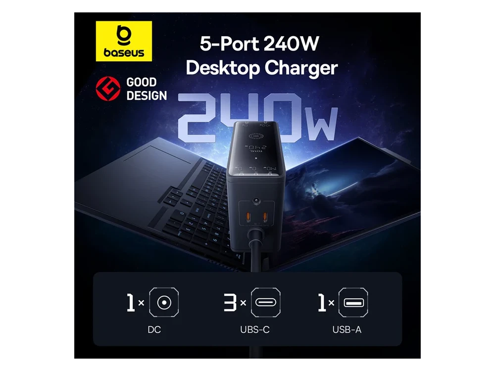 Baseus 240W GaN3 Pro Charger – PD3.1 / QC4.0 / AFC / FCP, 3x USB-C + USB-A, Black – view 3