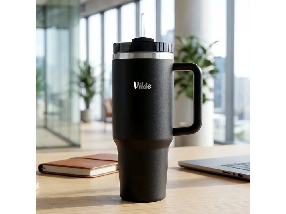Vilde Travel Mug Steel 1.2L – Stainless, Vacuum Insulated, Straw, Handle, Black – view 3