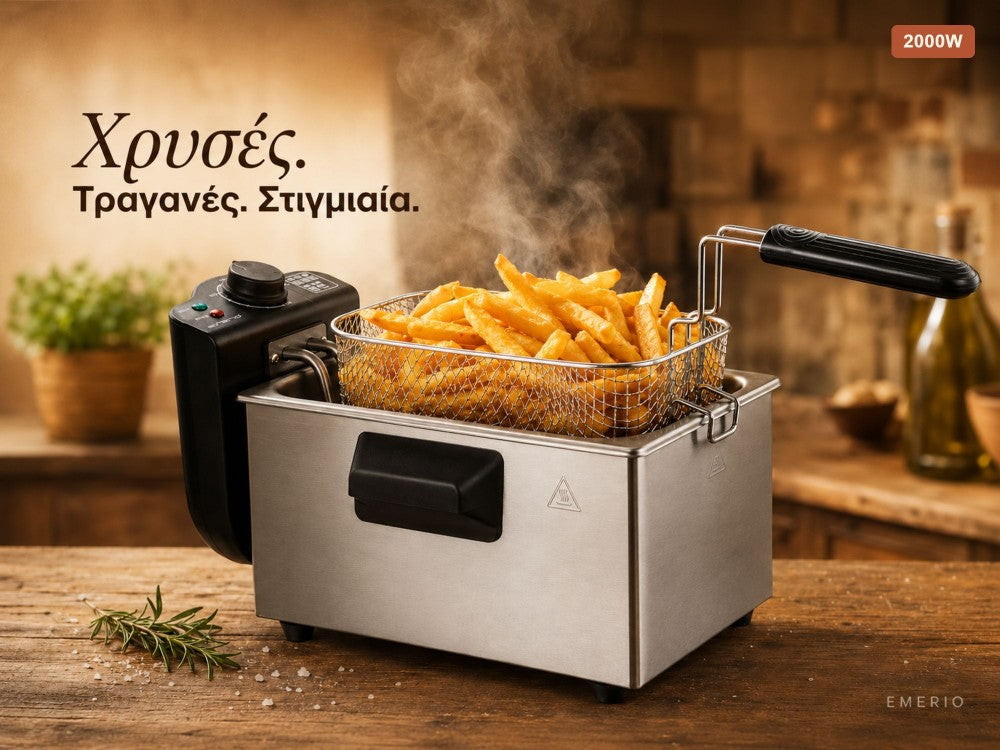 Emerio Oil Deep Fryer 2000W Stainless Steel BPA & PFAS Free 3L Removable Pot with Lid – Silver – view 3