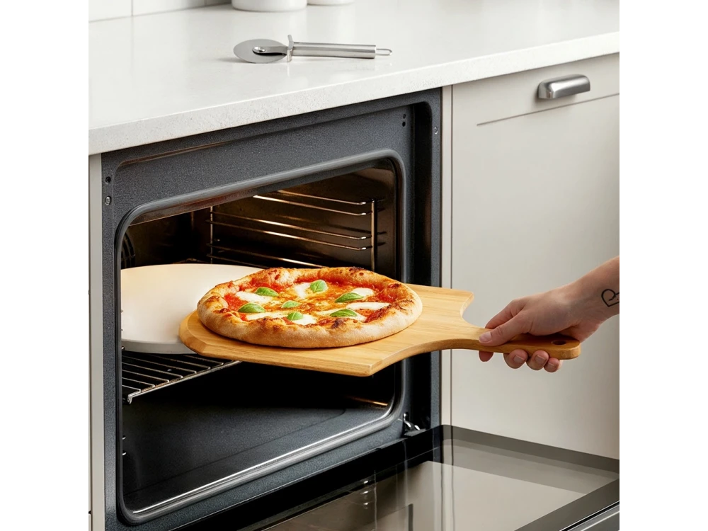 Vilde Premium Pizza Stone Set 33cm – Ceramic Stone, Acacia Serving Board, Pizza Cutter – view 3