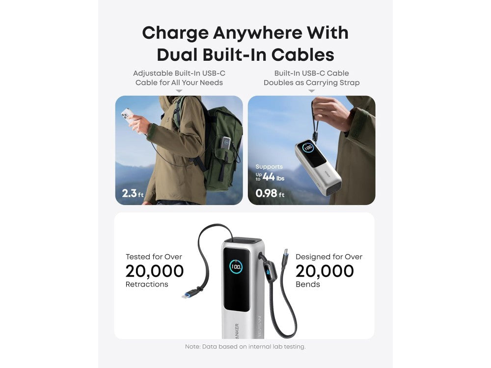 Anker Laptop Power Bank 25000mAh 165W – 3× USB-C 100W, USB-A, Built-in Cables, LED Display, Silver – view 3