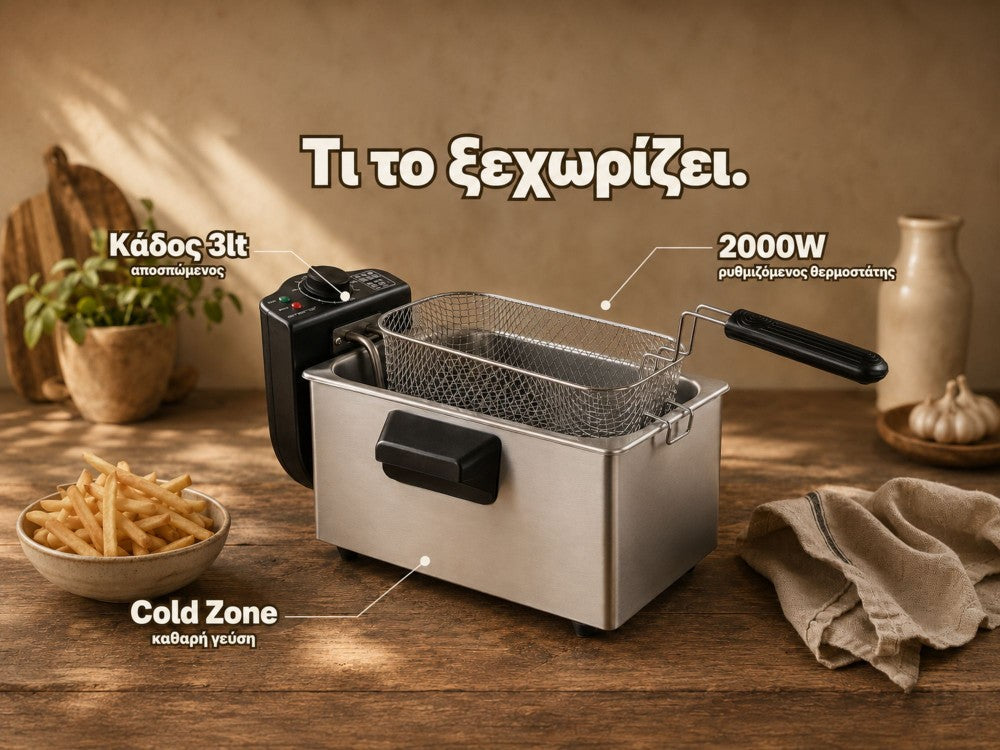 Emerio Oil Deep Fryer 2000W Stainless Steel BPA & PFAS Free 3L Removable Pot with Lid – Silver – view 4