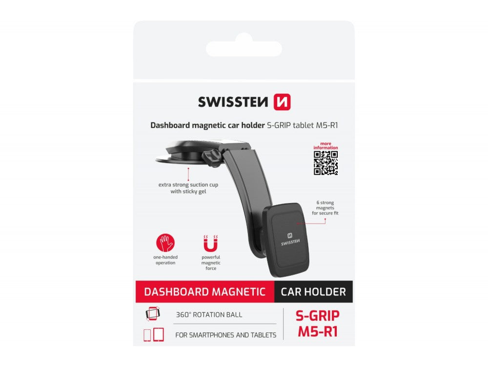 Swissten S-GRIP M5-R1 Magnetic Car Holder – 6 Magnets, Suction Cup, Tablet & Phone, Black – view 4