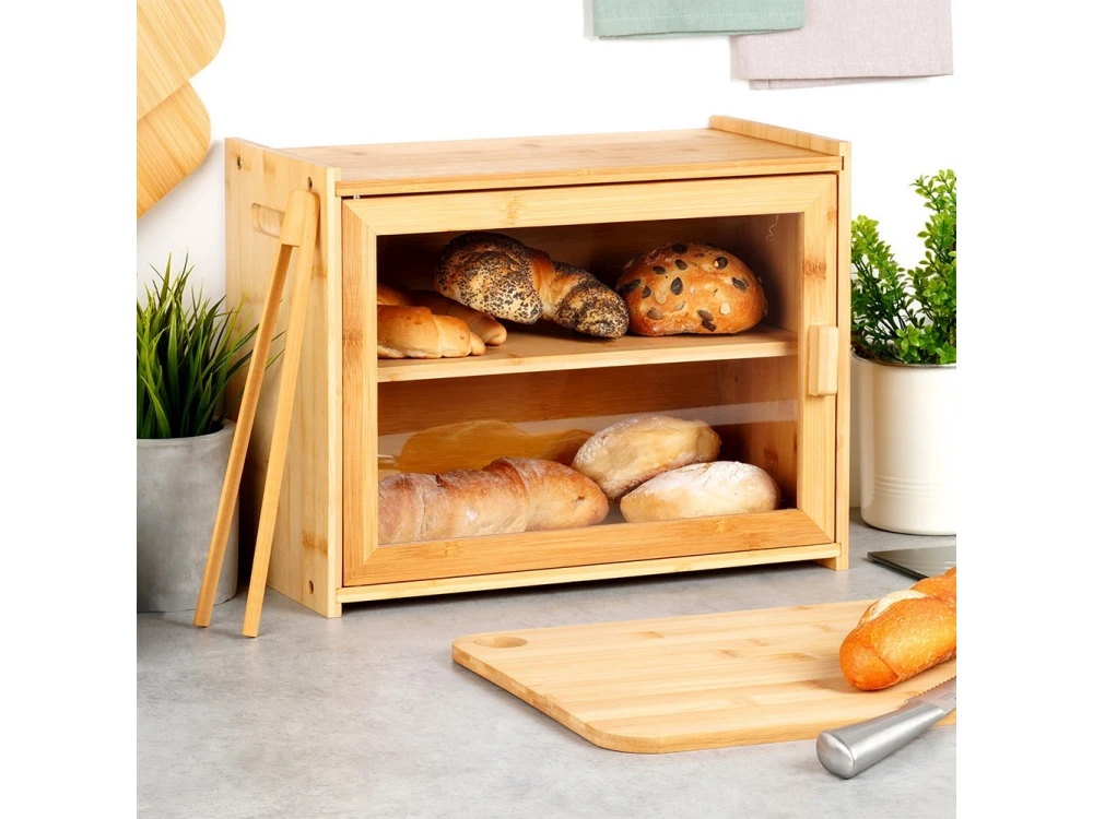 Vilde Bamboo Bread Bin 2-Tier 40×20×31cm with Clear Window and Bamboo Tongs – view 4