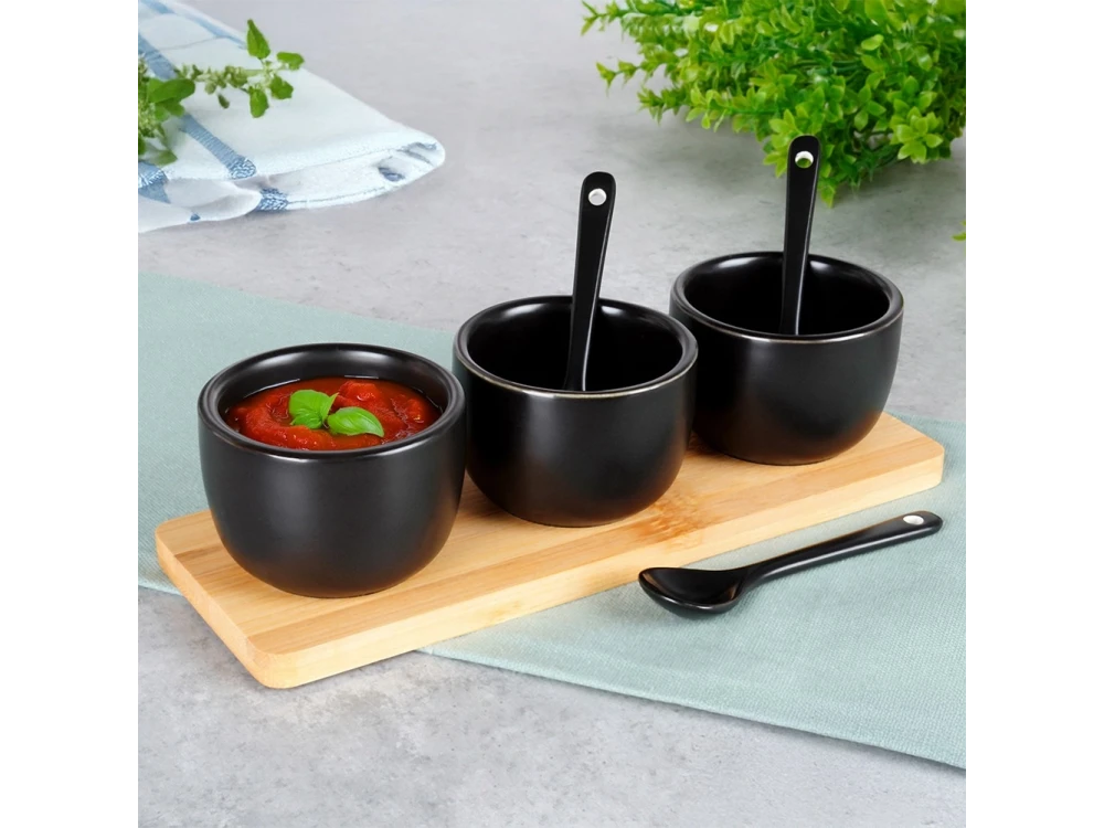 Vilde Ceramic Snack Bowls Set of 3 with Spoons & Bamboo Stand – Black – view 4