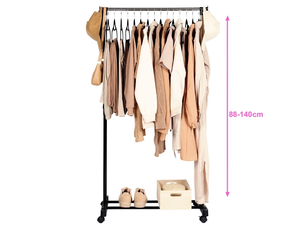 Vilde Metal Rolling Clothes Rack – Height-Adjustable, Bottom Shelf, 72x42x140cm, Black – view 4