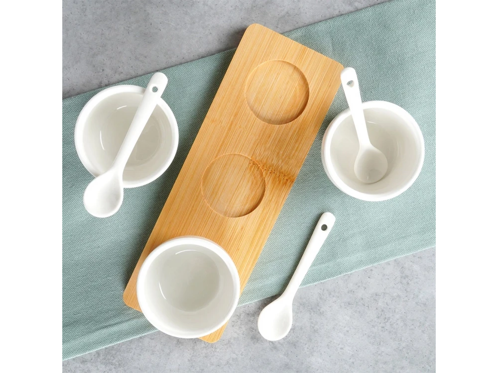 Vilde Ceramic Snack Bowls Set of 3 with Spoons & Bamboo Stand – White – view 4