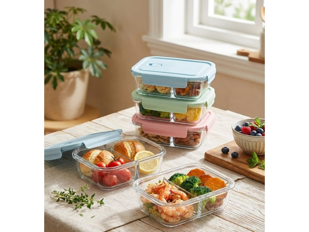 AJ Glass Food Container 2-Compartment 650ml – Airtight, Light Blue Lid – view 4